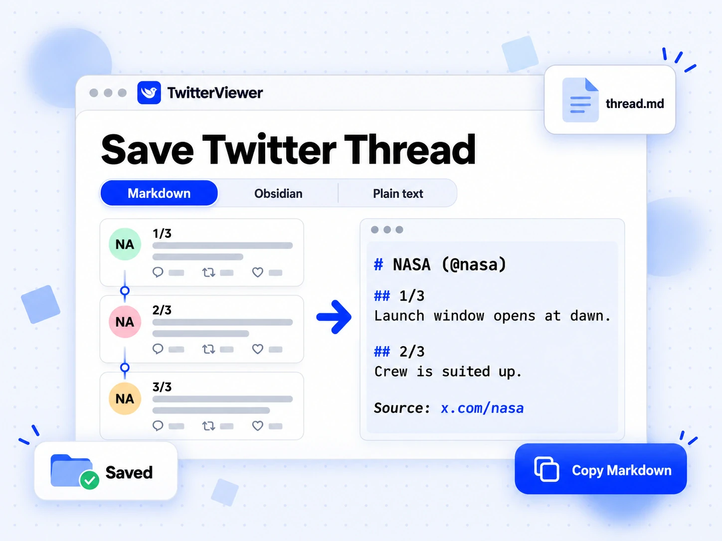 Save Twitter Thread as Markdown: the thread turned into a numbered Markdown note with links and image links