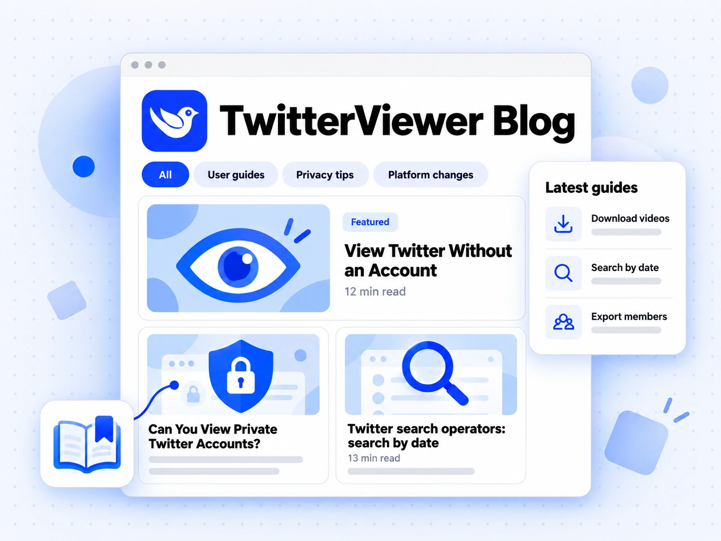 TwitterViewer Blog index with topic tabs, a featured guide and two article cards