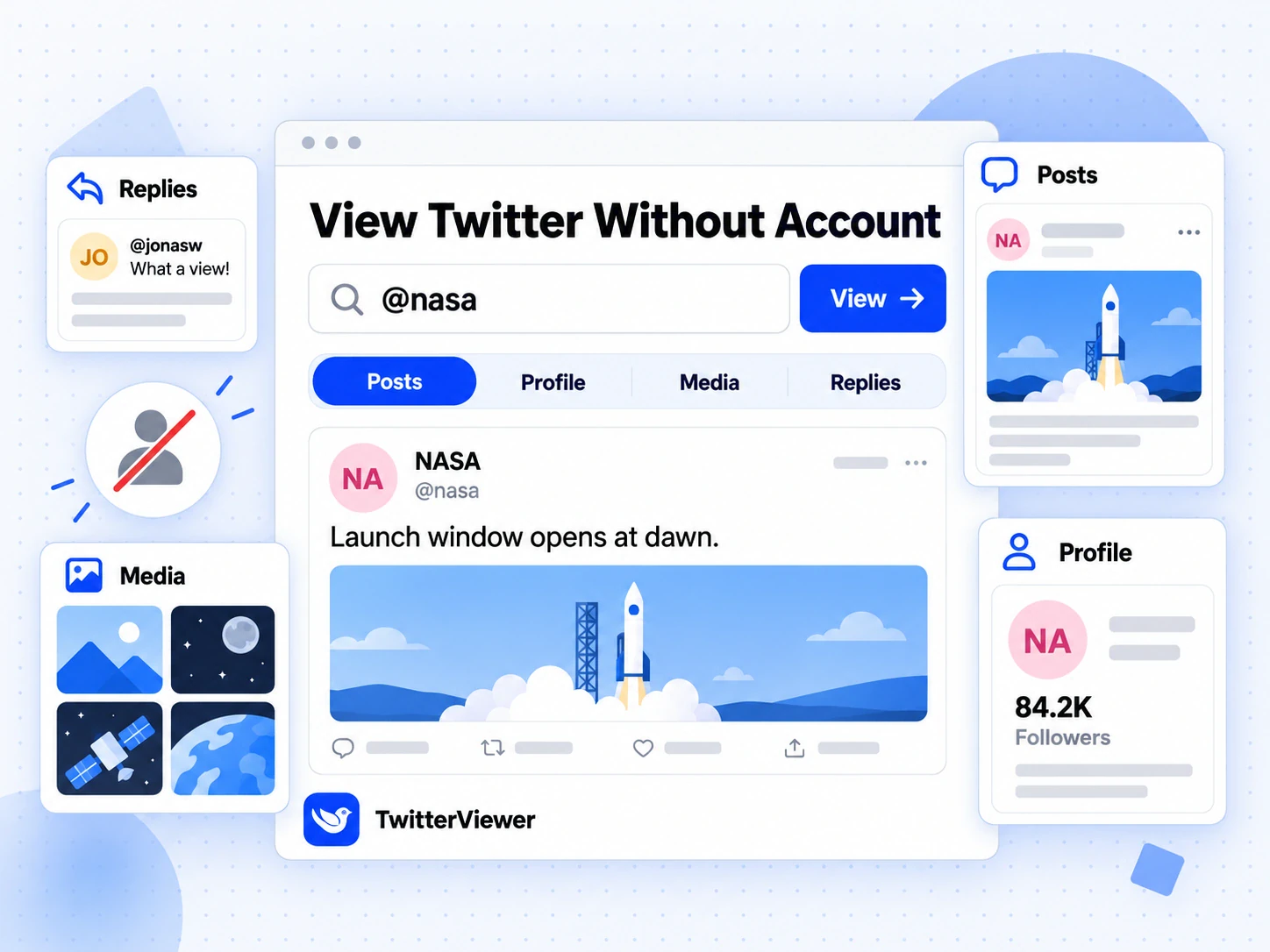 TwitterViewer main screen titled View Twitter Without Account, with an @nasa lookup, four tabs and a NASA post result