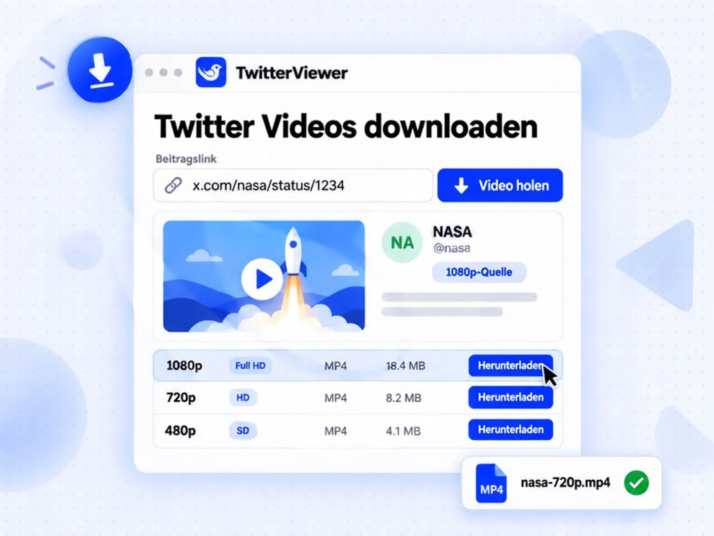 Twitter Videos downloaden mit TwitterViewer: Beitragslink einfügen, Video abrufen und MP4 in 1080p, 720p oder 480p wählen