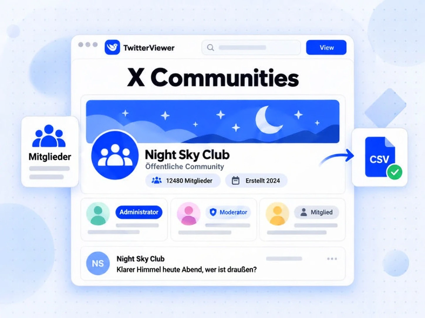 X Communities mit Night Sky Club, den Rollen Admin, Moderator und Mitglied sowie CSV-Exportdatei