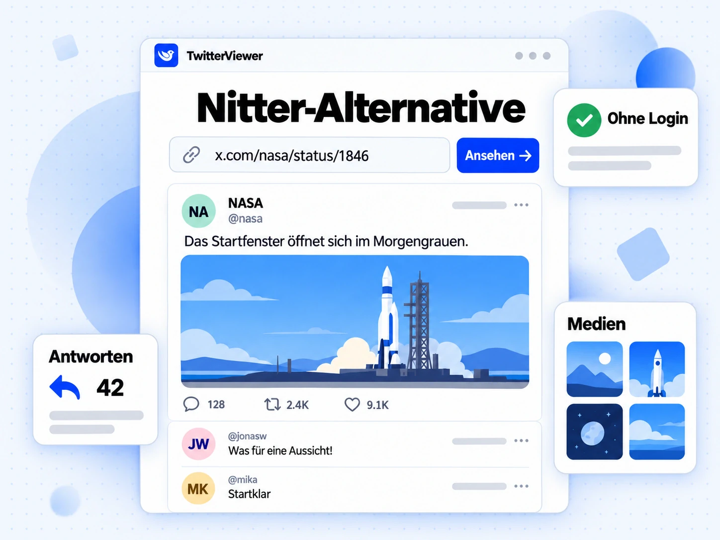 Nitter-Alternative mit eingefügtem X-Beitragslink, Profilergebnis und Hinweis auf Nutzung ohne Anmeldung