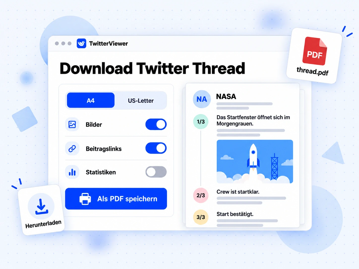 Download Twitter Thread als PDF: A4-Vorschau mit nummerierten Beiträgen, Bildern in voller Größe und Beitragslinks