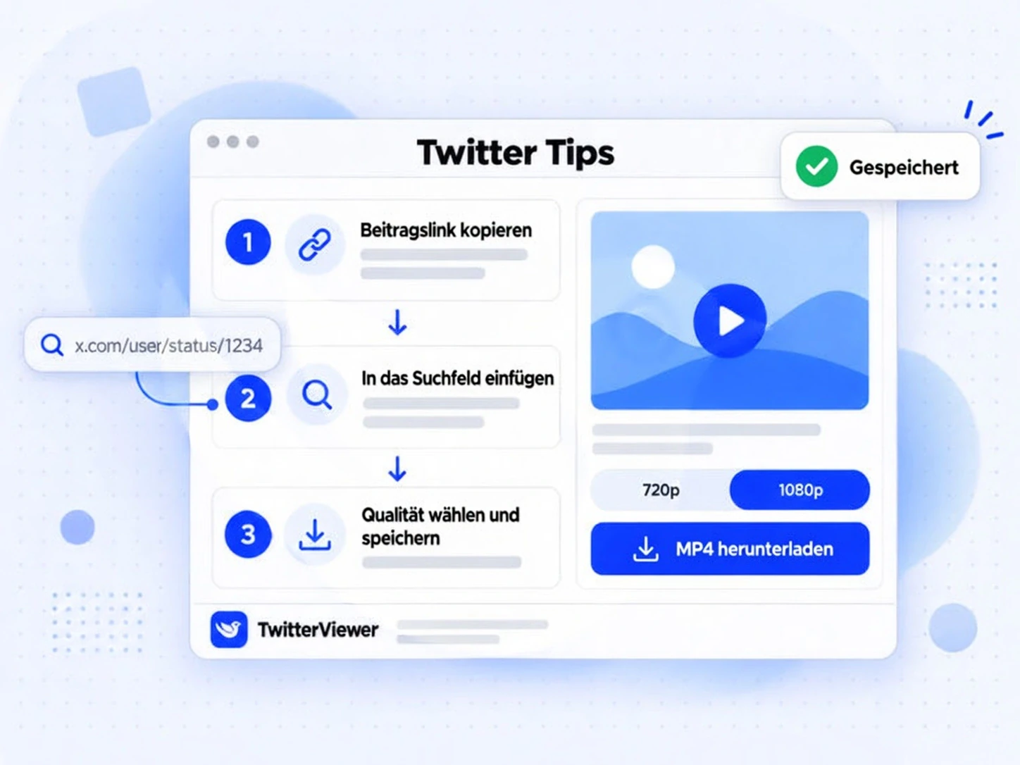 Twitter Tips in drei Schritten: Beitragslink kopieren, ins Suchfeld einfügen, Qualität wählen und speichern