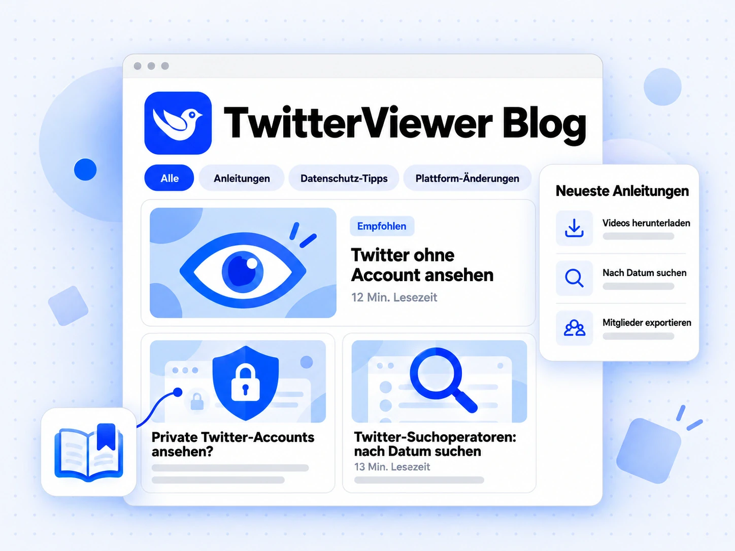 TwitterViewer Blog mit Themen-Tabs, empfohlener Anleitung und zwei Artikelkarten