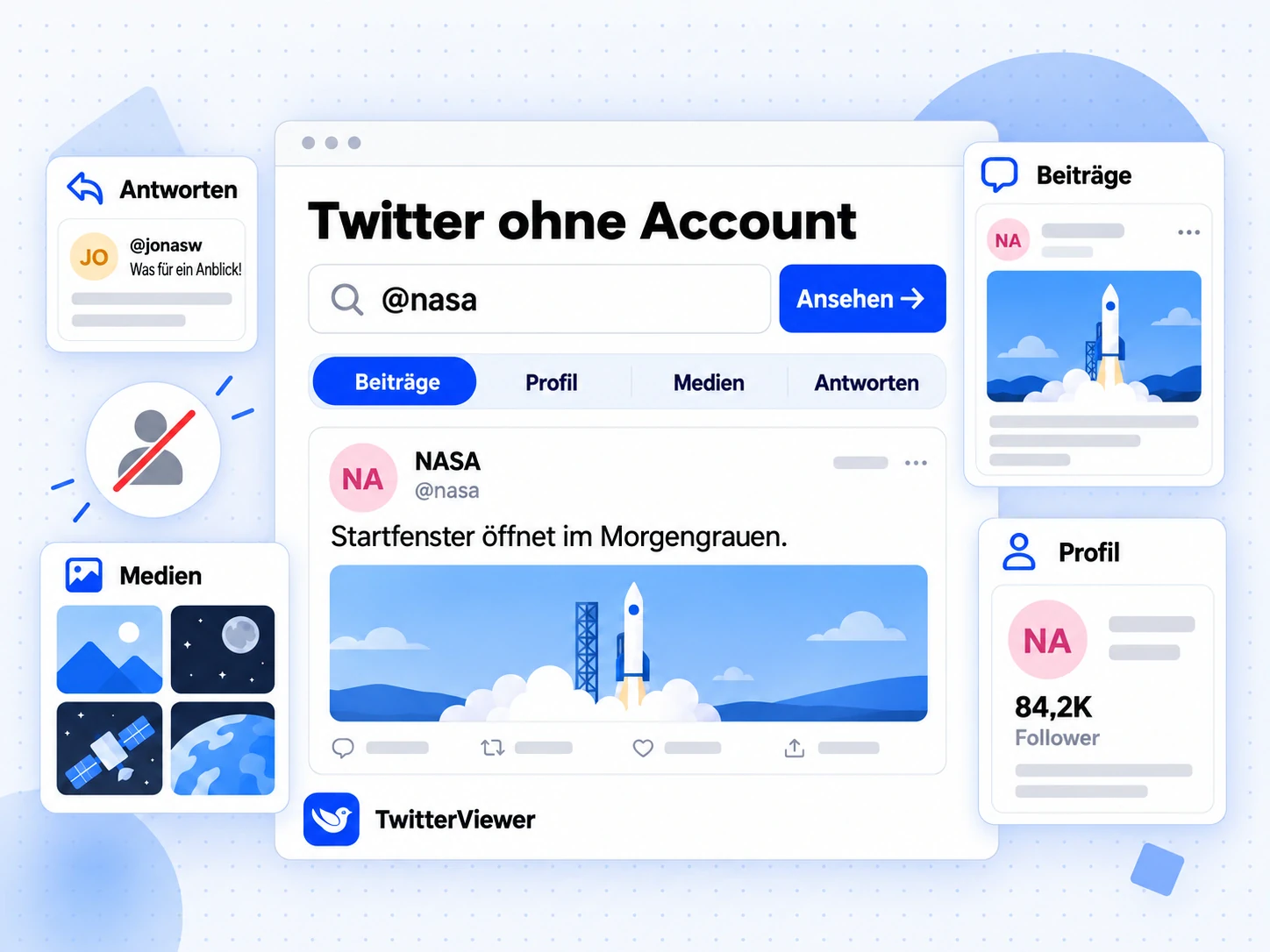 Twitter ohne Account in TwitterViewer mit @nasa-Suche, vier Tabs und NASA-Beitrag