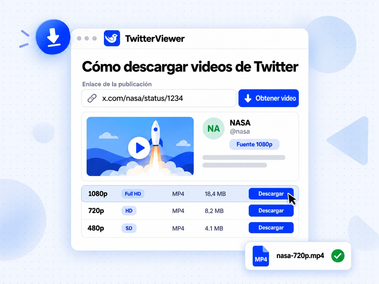 Cómo descargar videos de Twitter en TwitterViewer: pega el enlace y elige MP4 en 1080p, 720p o 480p