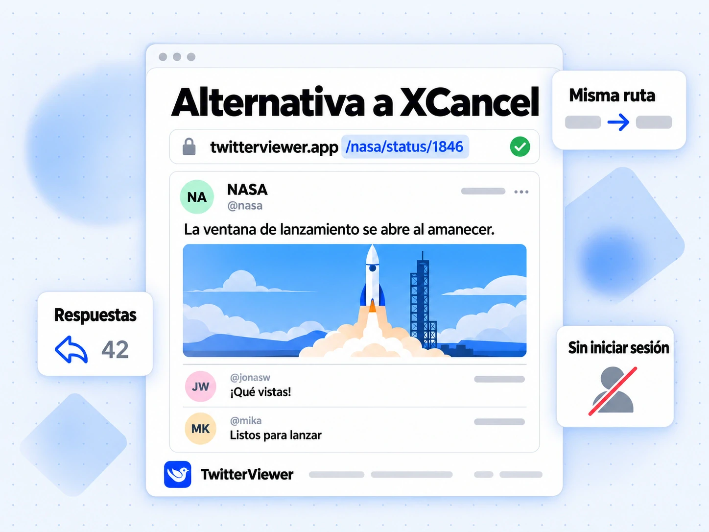 Alternativa a XCancel: un enlace de XCancel con la misma ruta en TwitterViewer abre la publicación con respuestas