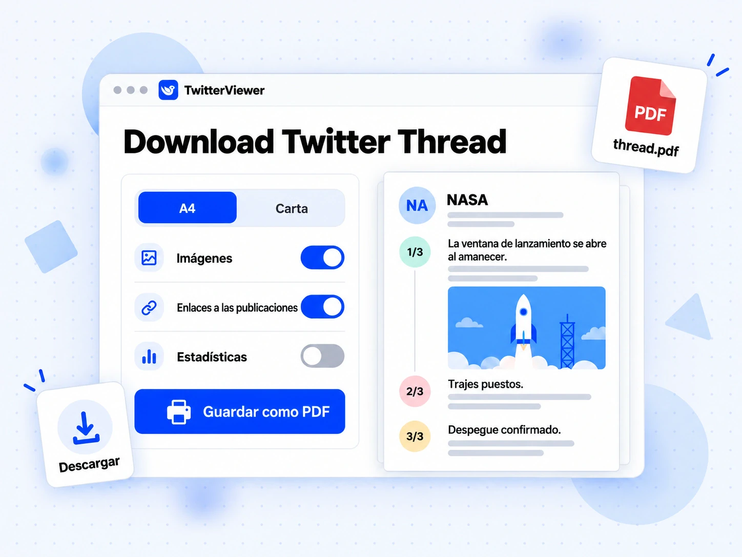Download Twitter Thread: vista previa A4 con publicaciones numeradas, imágenes a tamaño completo y enlaces a publicaciones