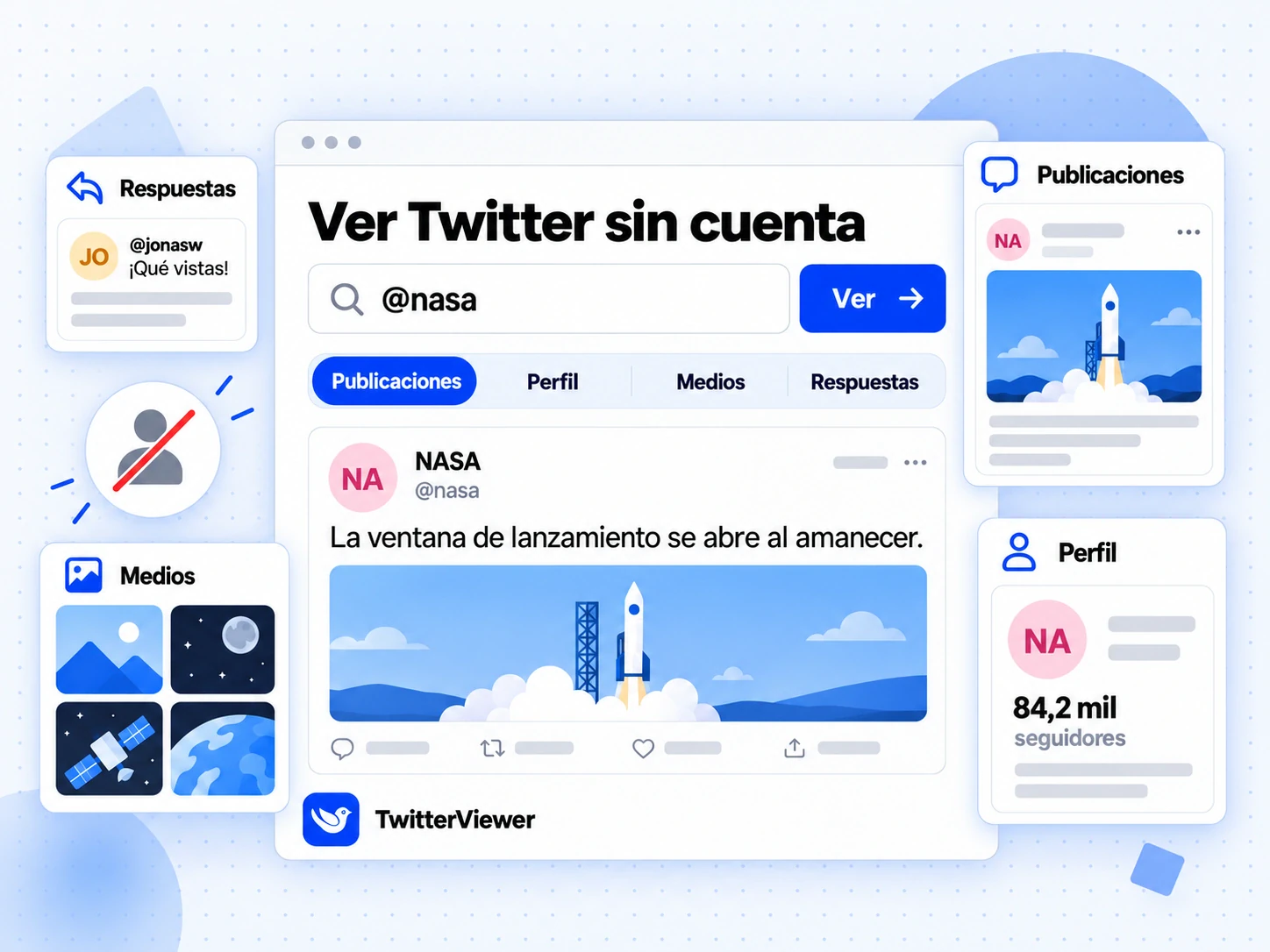 Ver Twitter sin cuenta en TwitterViewer: consulta de @nasa, cuatro pestañas y una publicación de NASA