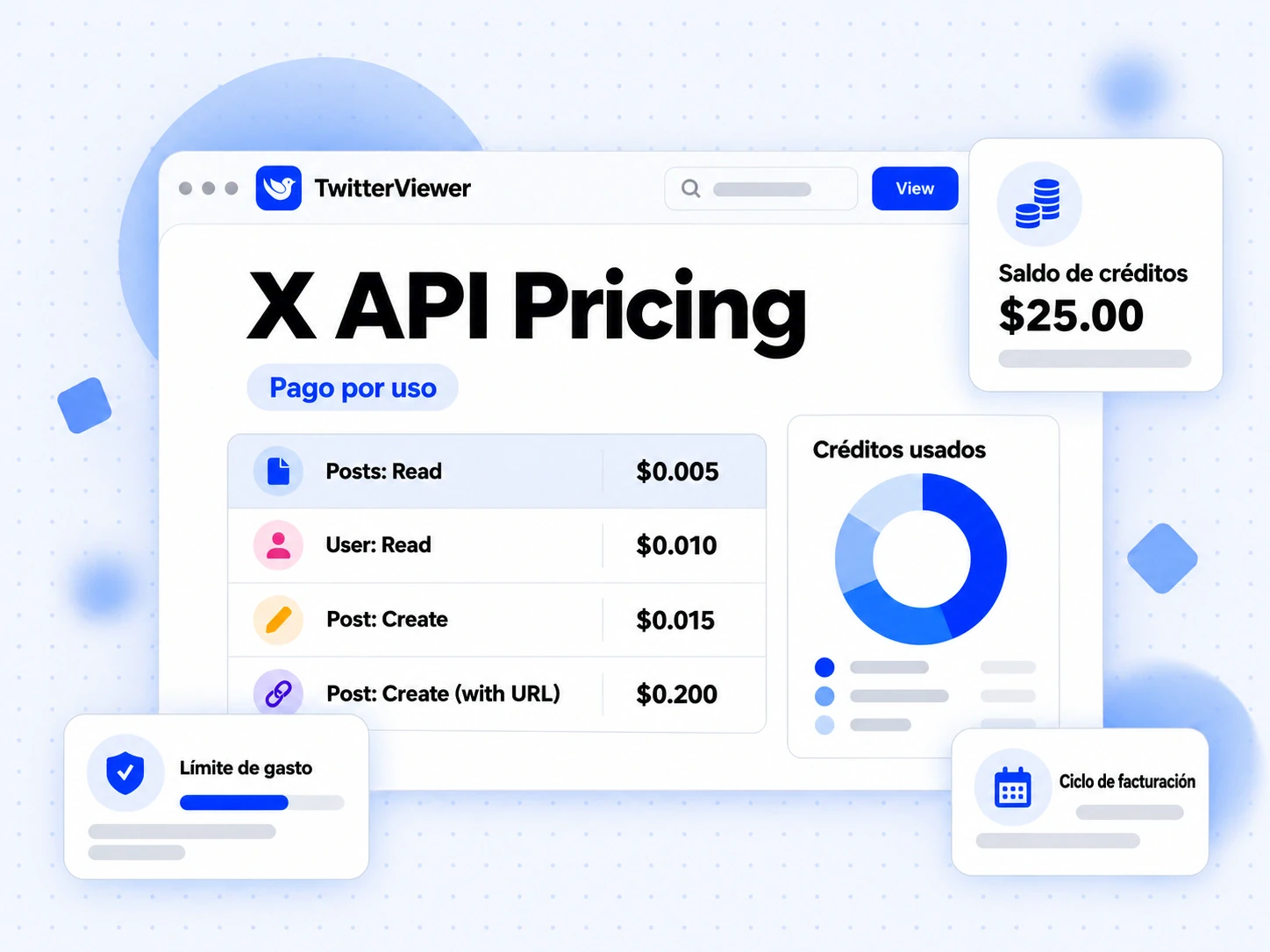 Tabla X API Pricing con tarifas por uso, precio por publicación leída y saldo de créditos actualizado