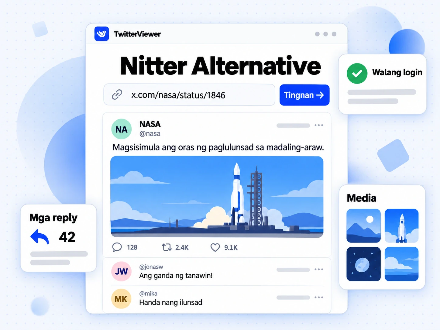 Nitter Alternative na may ipinasok na link ng post sa X, resulta ng profile at tandang walang login