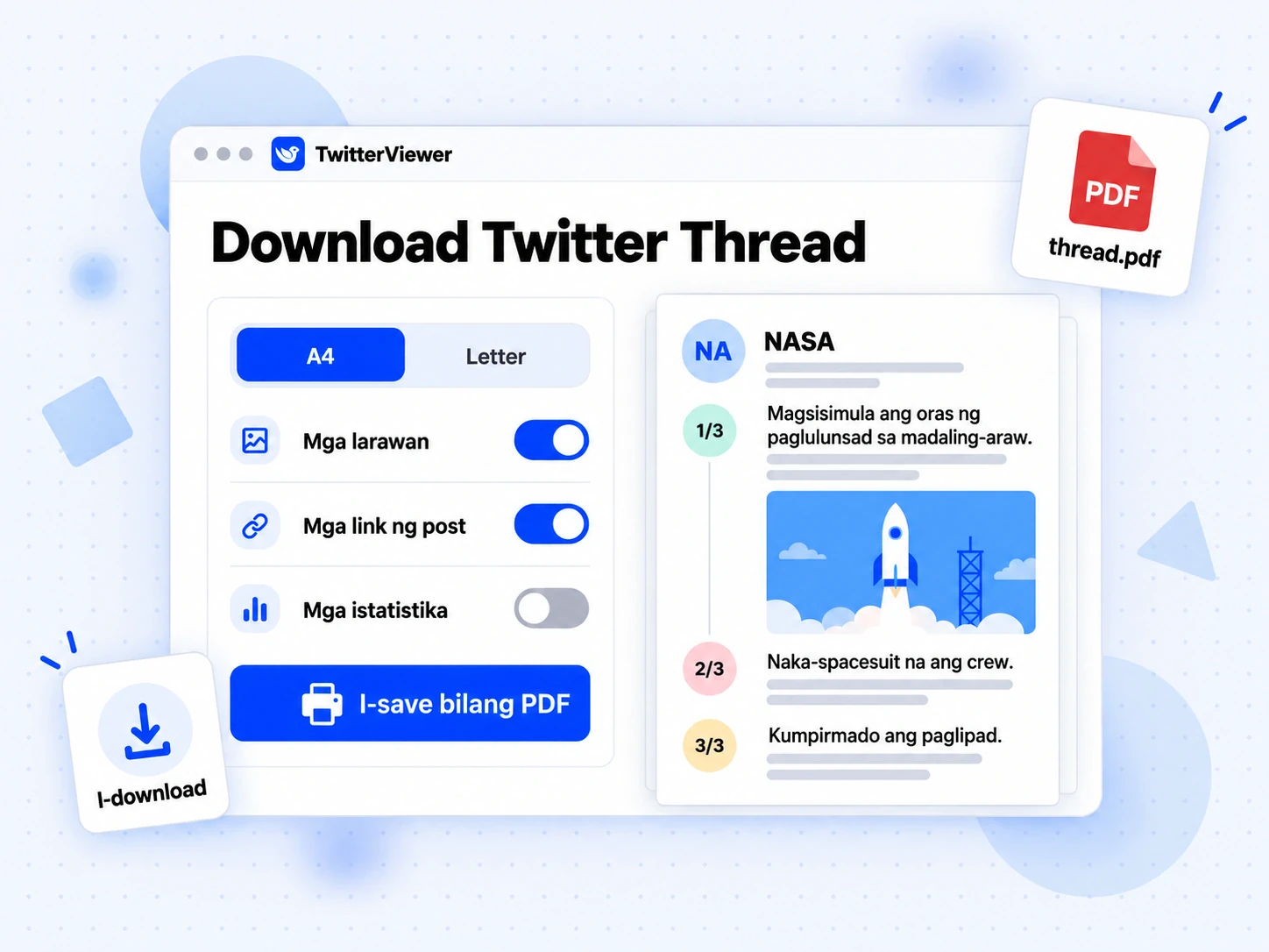Download Twitter Thread bilang PDF: paunang anyong A4 na may numerong post, buong-laking larawan at mga link ng post