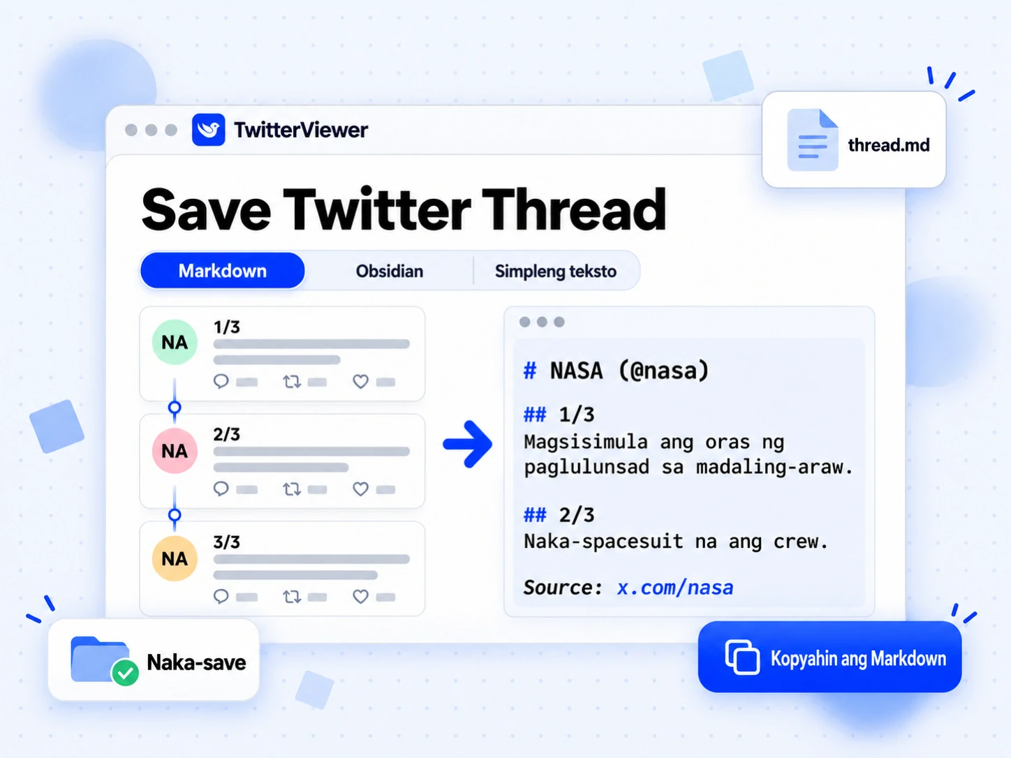 Save Twitter Thread bilang Markdown: talang may mga post na may numero, mga link at mga link ng larawan