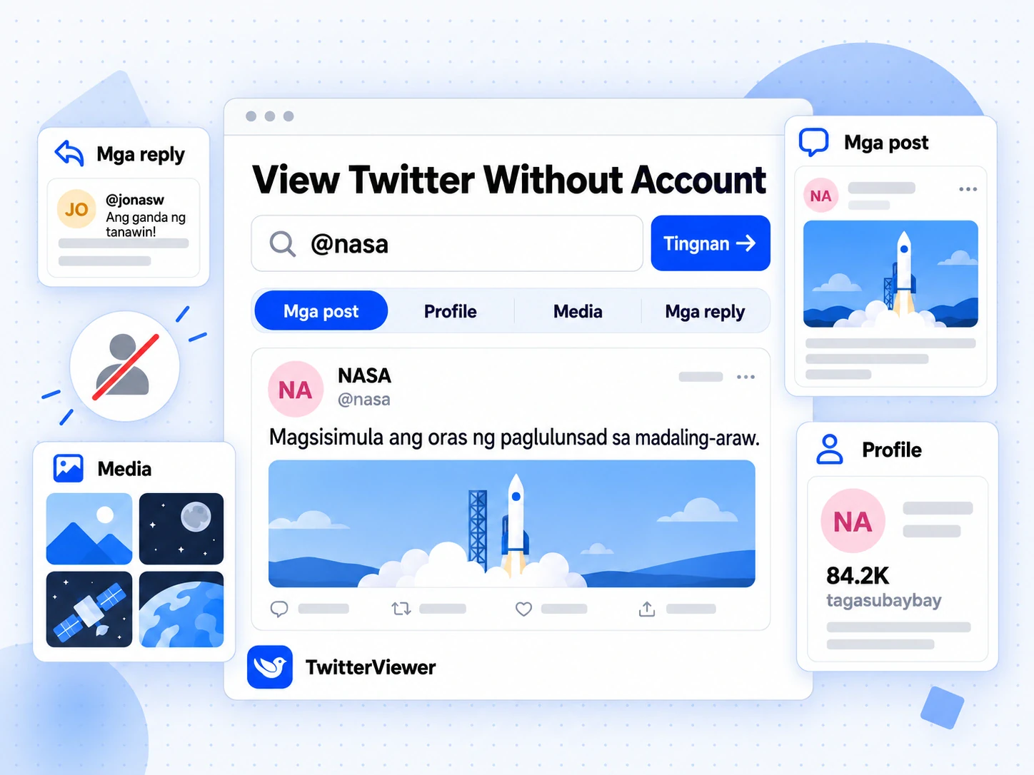 View Twitter Without Account: paghahanap ng @nasa sa TwitterViewer, apat na tab at resultang NASA post