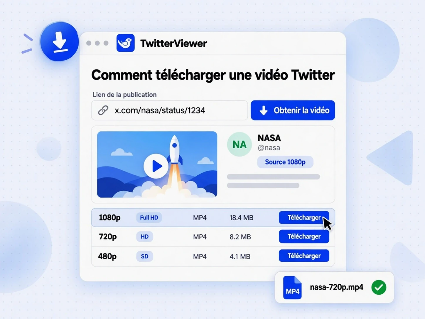 Comment télécharger une vidéo Twitter : coller un lien dans TwitterViewer et choisir un MP4 1080p, 720p ou 480p
