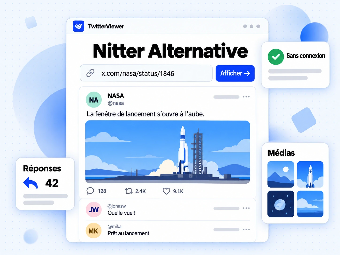 Écran Nitter Alternative avec un lien de publication X collé, un profil trouvé et un badge « sans connexion »