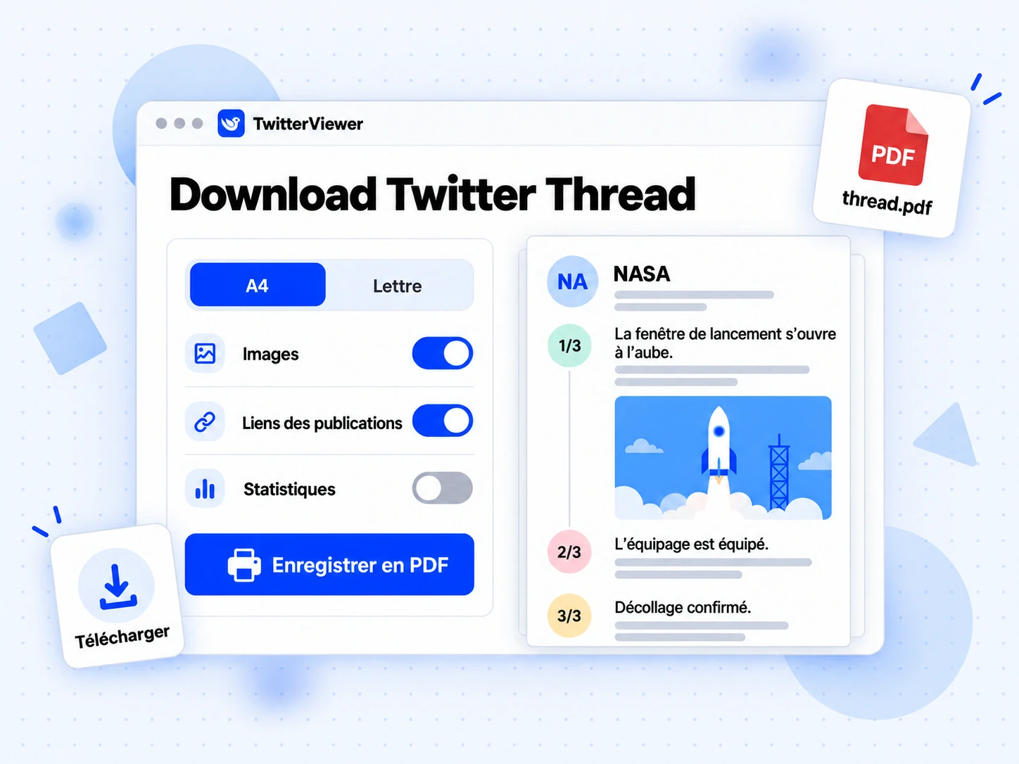 Download Twitter Thread en PDF : aperçu A4 avec publications numérotées, images en taille réelle et liens