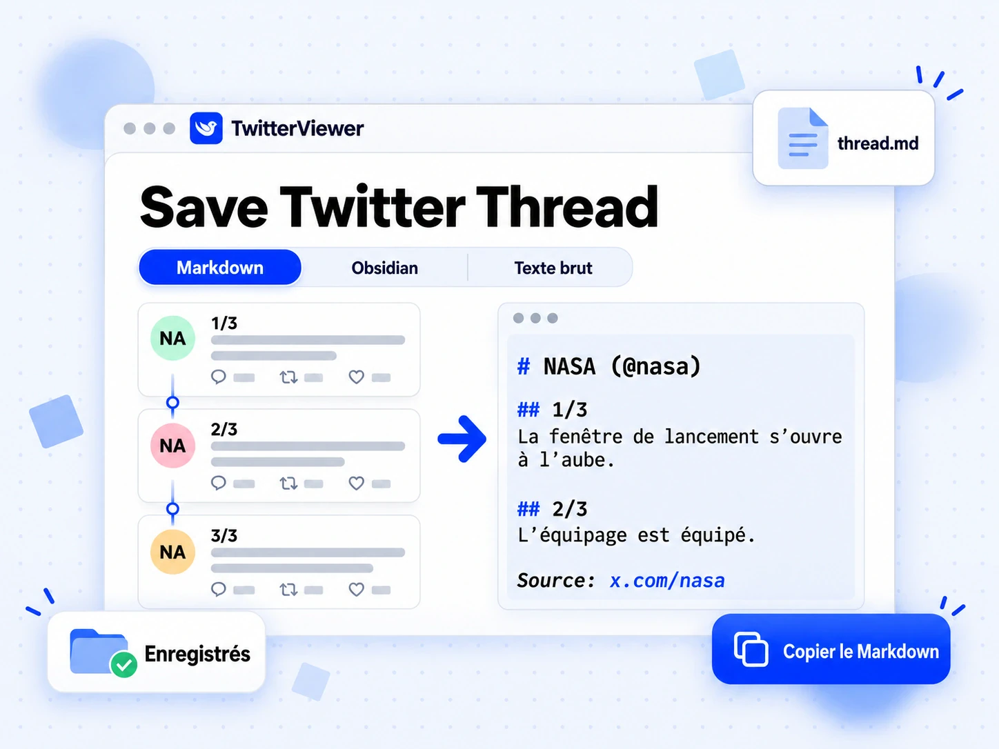 Save Twitter Thread en Markdown : fil converti en note numérotée avec liens et liens vers les images