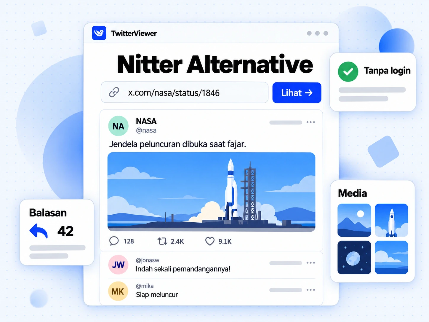 Layar Nitter Alternative dengan tautan postingan X yang ditempel, hasil profil, dan lencana tanpa login