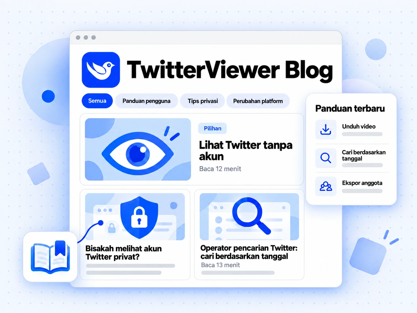 TwitterViewer Blog dengan tab topik, panduan pilihan, dan dua kartu artikel.