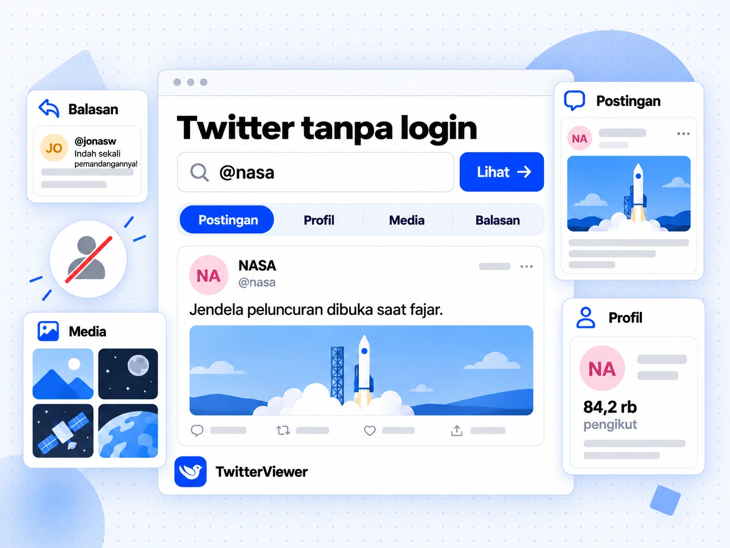 Twitter tanpa login di TwitterViewer dengan pencarian @nasa, empat tab, dan hasil postingan NASA.