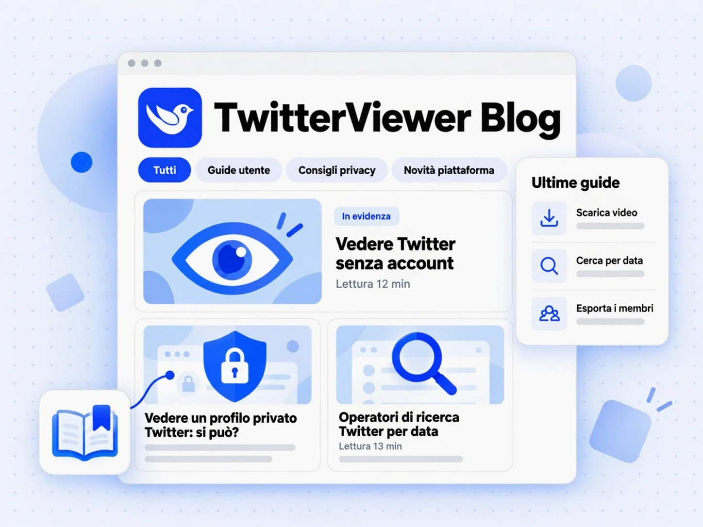 TwitterViewer Blog con schede dei temi, una guida in evidenza e due schede articolo