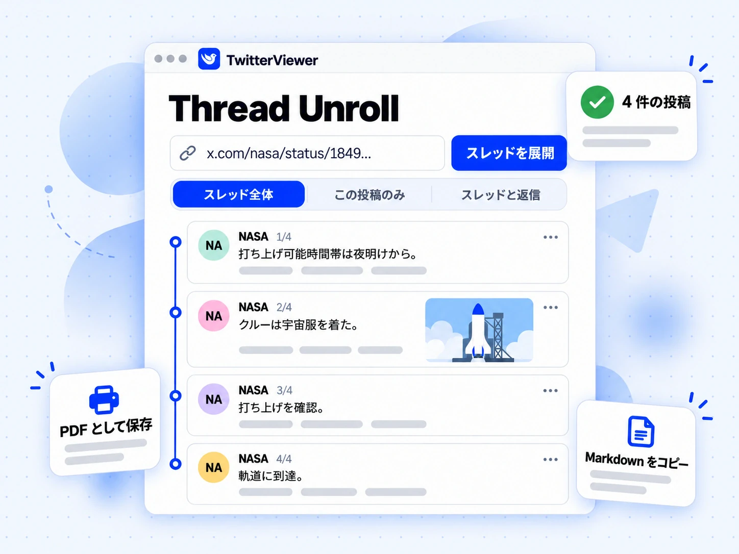 Thread Unroll の画面：X の投稿リンクを貼り付けると、スレッド全体が番号付きの投稿として順番に１ページに表示される