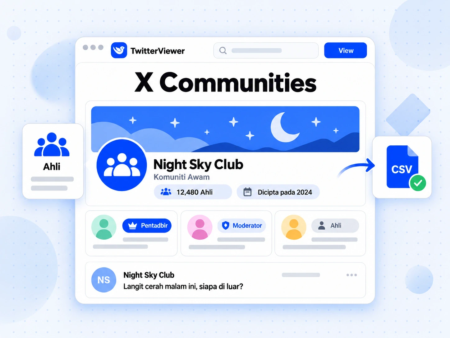 X Communities untuk Night Sky Club dengan peranan Pentadbir, Moderator dan Ahli serta fail eksport CSV.
