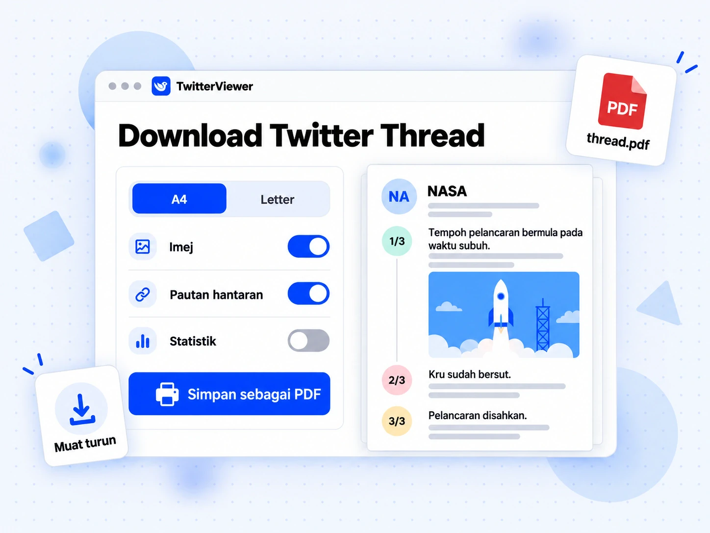 Download Twitter Thread sebagai PDF: pratonton A4 dengan hantaran bernombor, imej saiz penuh dan pautan hantaran