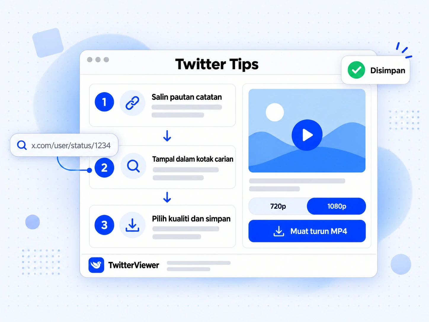 Twitter Tips dalam tiga langkah: salin pautan catatan, tampal dalam kotak carian, pilih kualiti dan simpan.