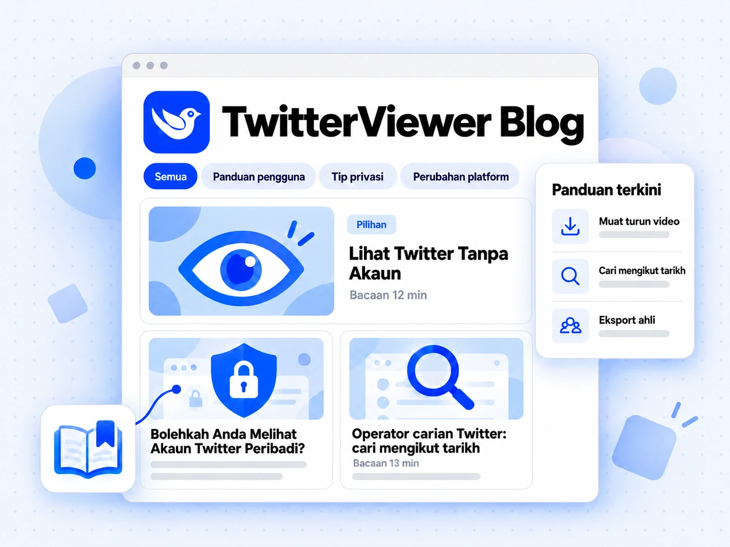 TwitterViewer Blog dengan tab topik, panduan pilihan dan dua kad artikel.
