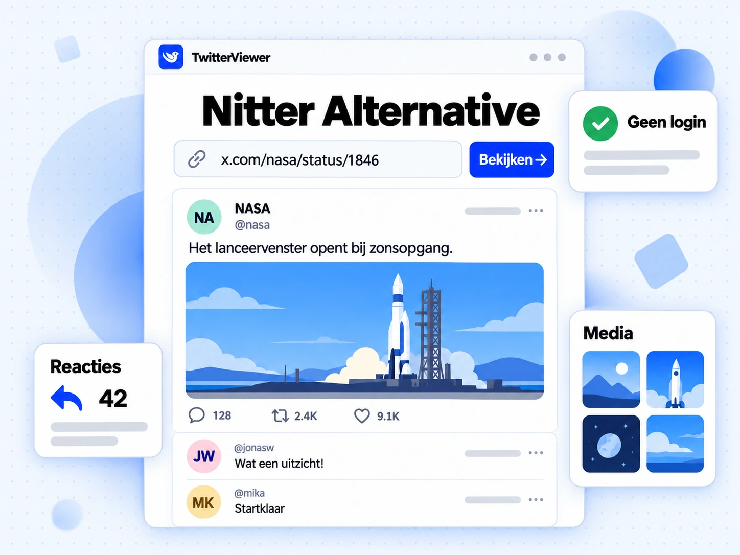 Nitter Alternative-scherm met een geplakte X-postlink, een profielresultaat en een label voor lezen zonder inloggen