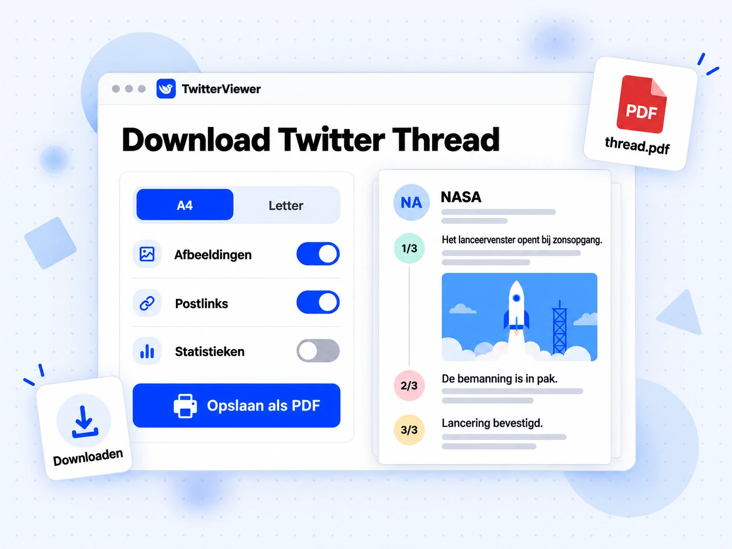 Download Twitter Thread als PDF: A4-voorbeeld met genummerde posts, afbeeldingen op volle grootte en postlinks