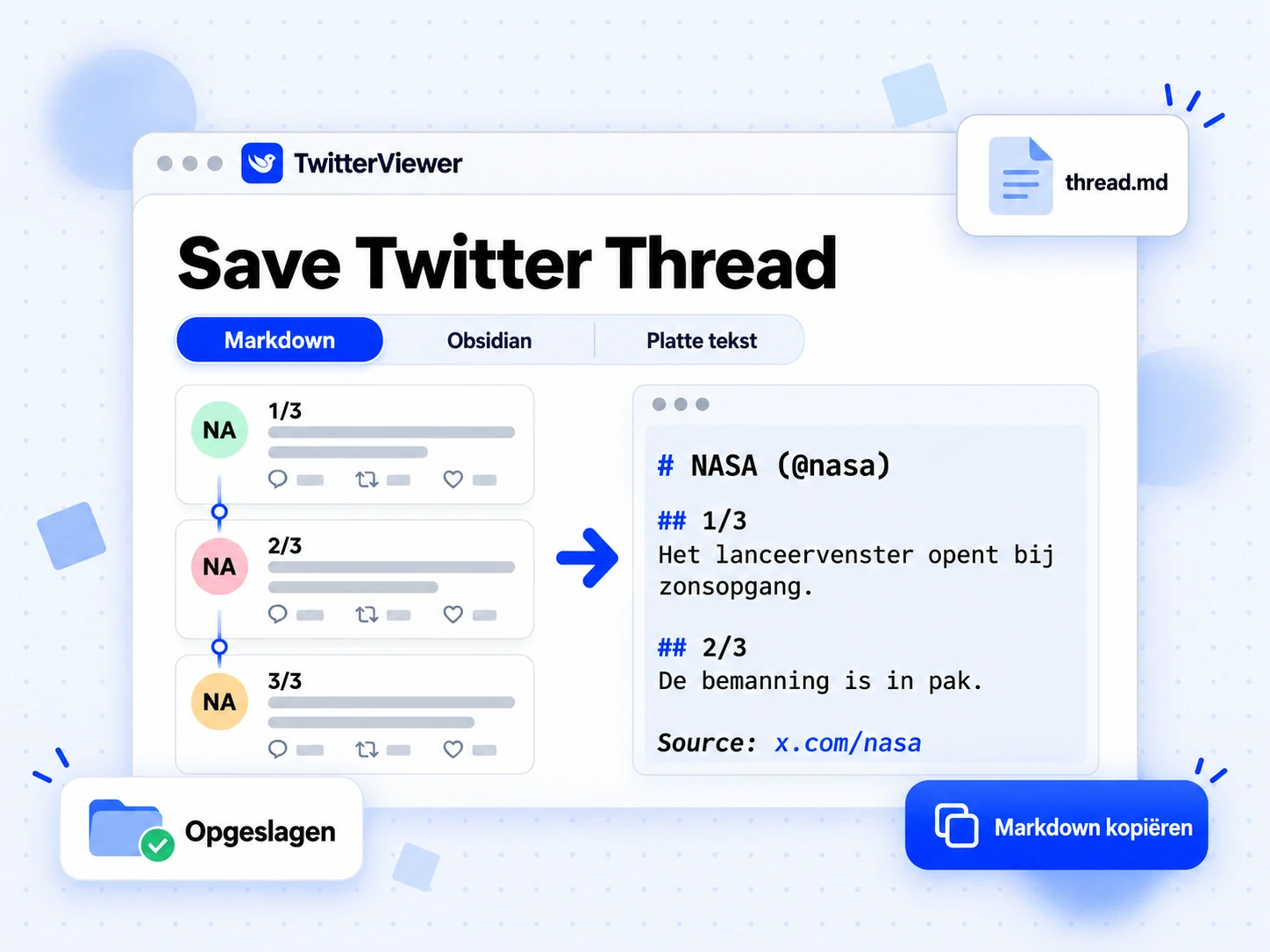 Save Twitter Thread als Markdown: de thread als genummerde Markdown-notitie met links en afbeeldingslinks