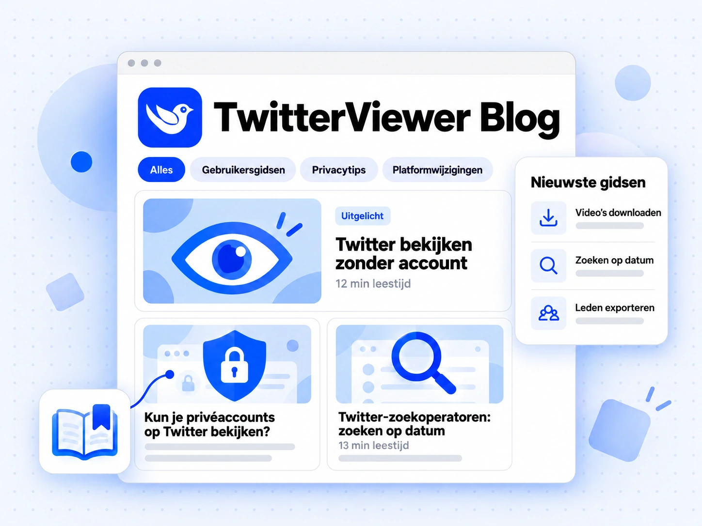 TwitterViewer Blog met onderwerptabbladen, een uitgelichte gids en twee artikelkaarten