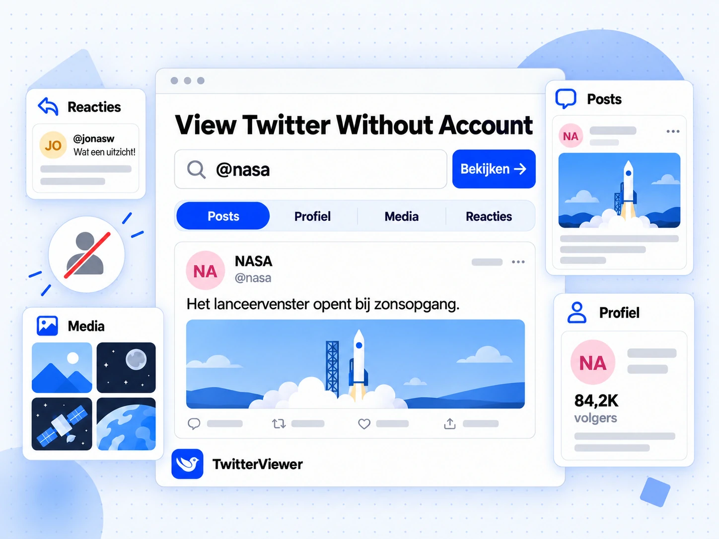 View Twitter Without Account in TwitterViewer met @nasa-zoekopdracht, vier tabbladen en een NASA-post