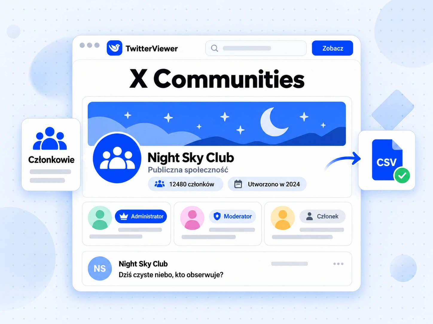 Strona X Communities grupy Night Sky Club pokazuje role administratora, moderatora i członka oraz plik eksportu CSV.