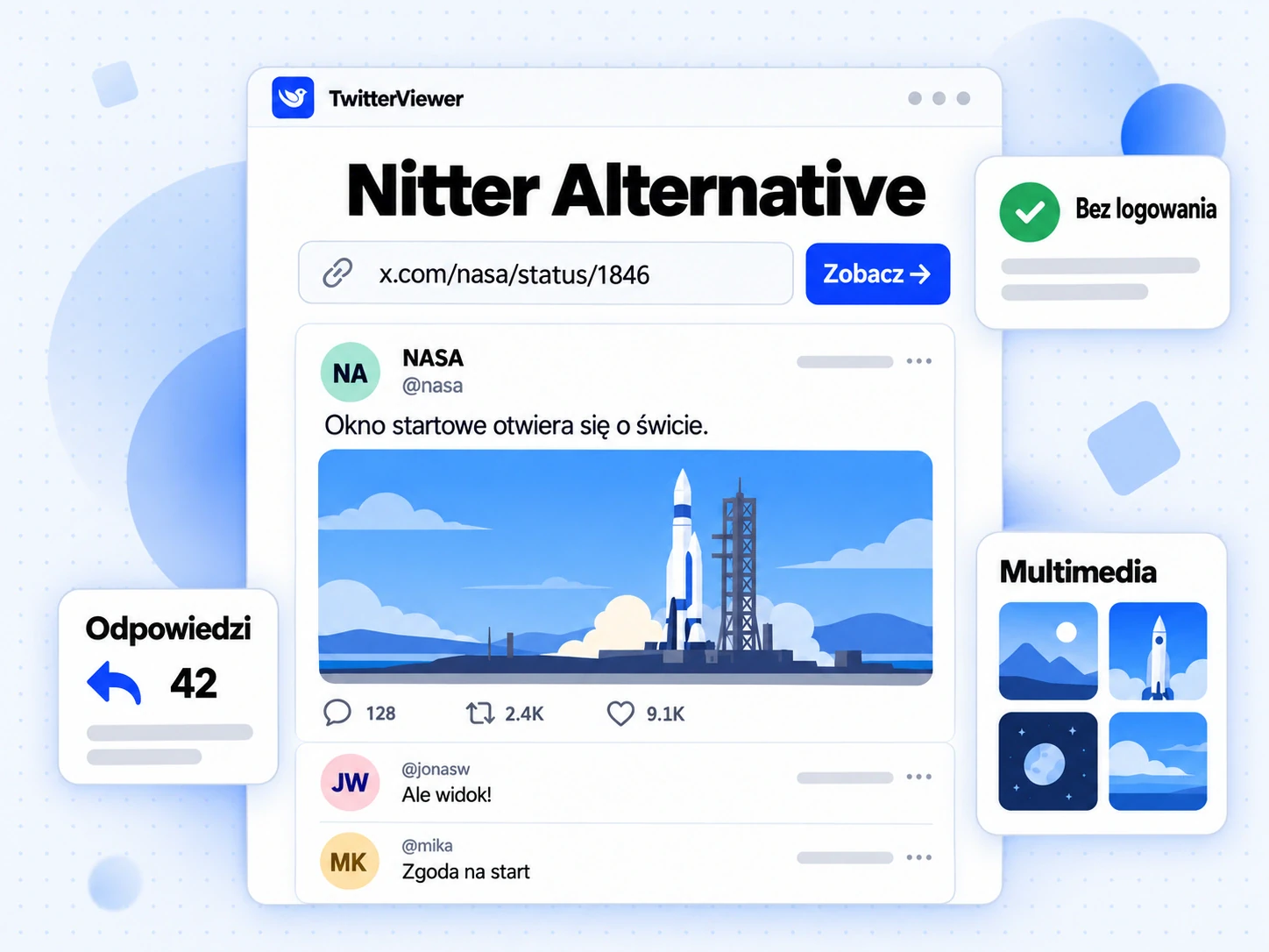 Ekran Nitter Alternative z wklejonym linkiem do wpisu na X, wynikiem profilu i oznaczeniem dostępu bez logowania