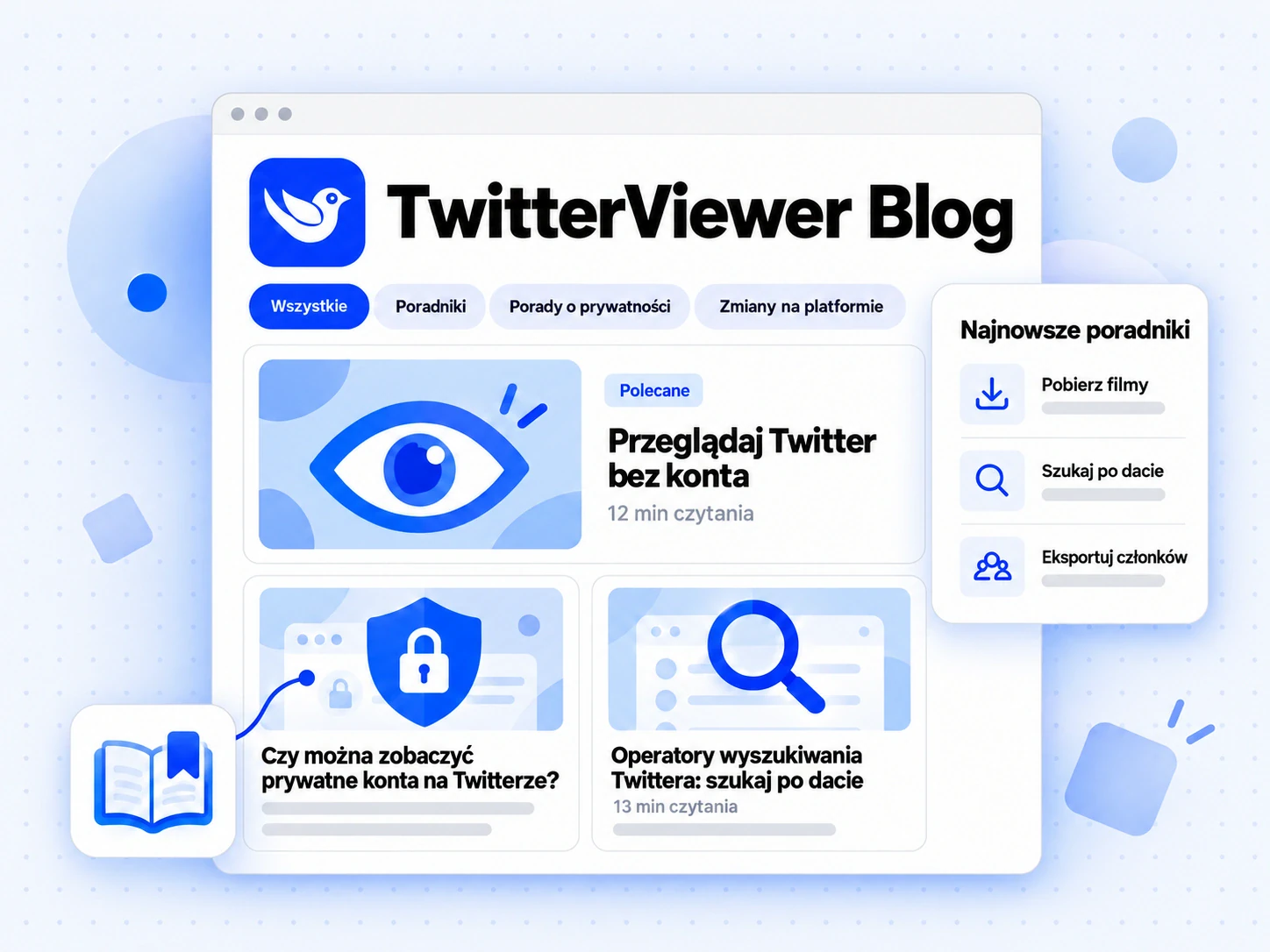 Strona TwitterViewer Blog zawiera karty tematów, wyróżniony poradnik i dwie karty artykułów.