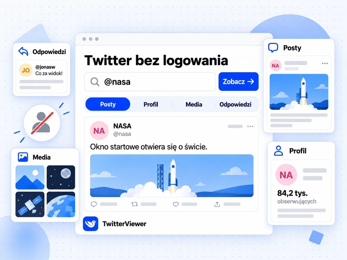 Ekran TwitterViewer z nagłówkiem Twitter bez logowania pokazuje wyszukiwanie @nasa, cztery karty i wynik z wpisem NASA.