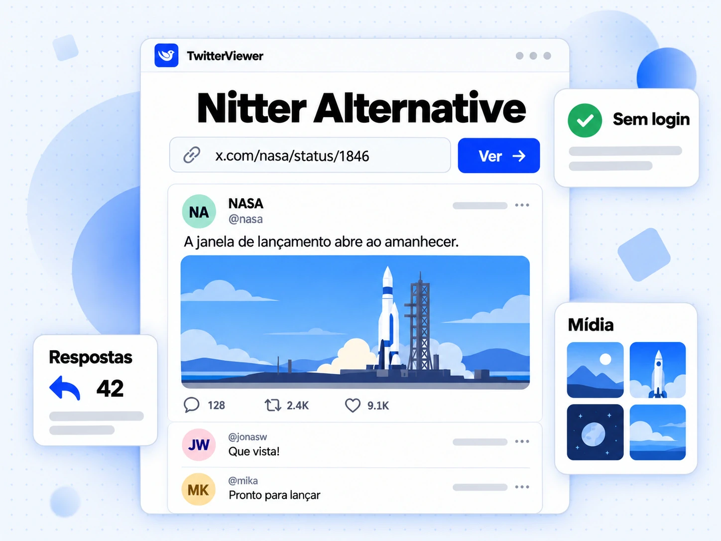 Tela Nitter Alternative com link de post do X colado, um perfil nos resultados e selo de acesso sem login