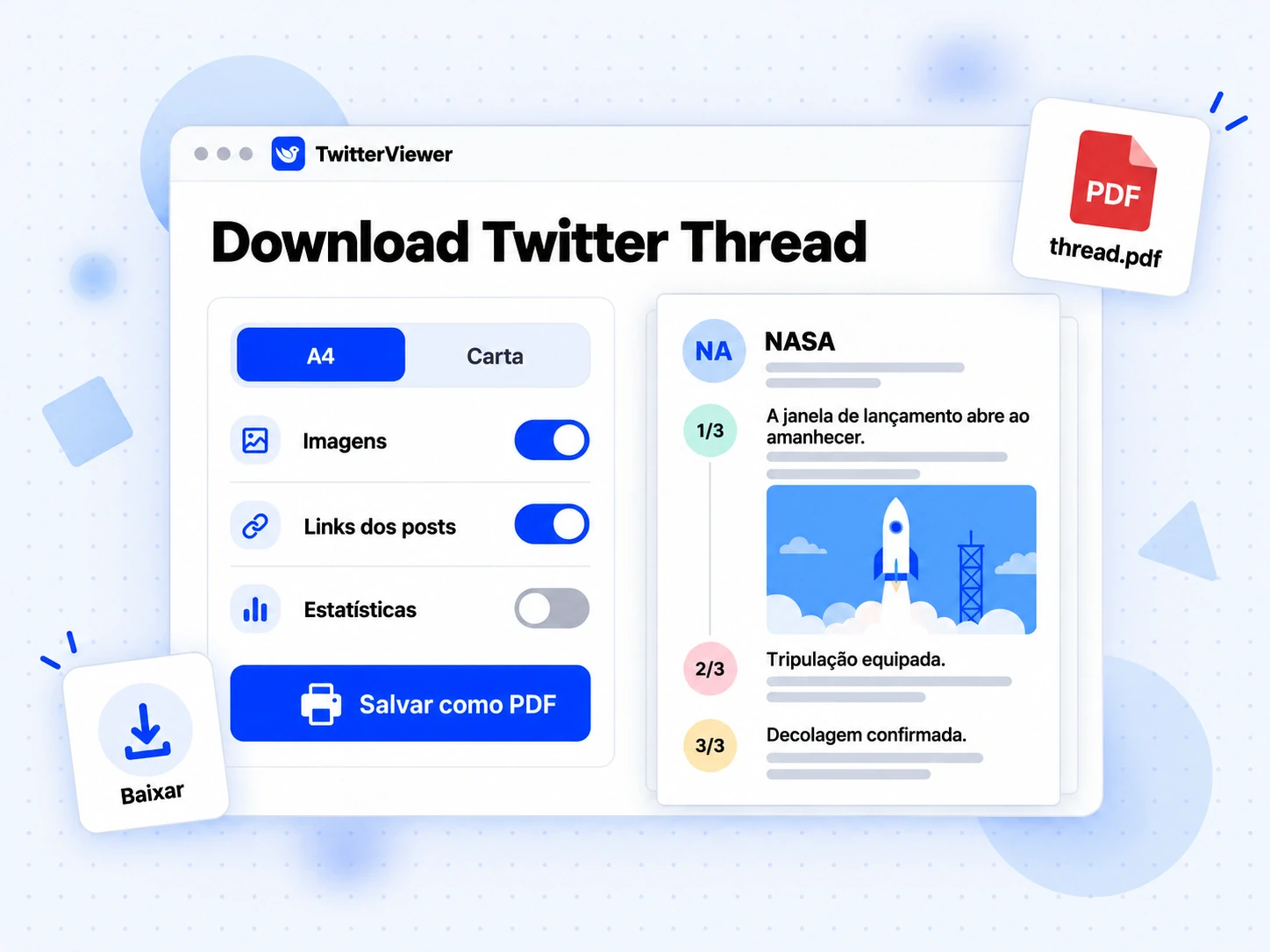 Download Twitter Thread: prévia em A4 com posts numerados, imagens em tamanho original e links dos posts