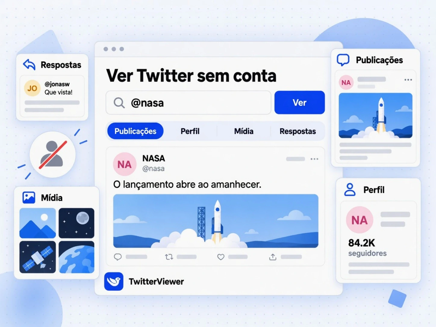 Ver Twitter sem conta no TwitterViewer com busca por @nasa, quatro abas e resultado de um post da NASA