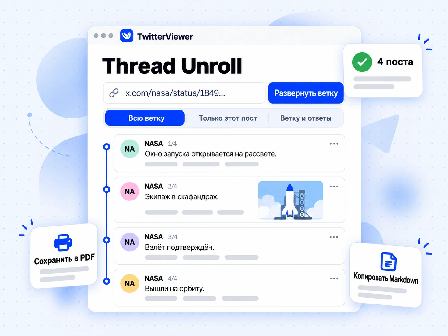 Экран Thread Unroll со ссылкой на пост X и всей веткой на одной странице, с номерами постов по порядку