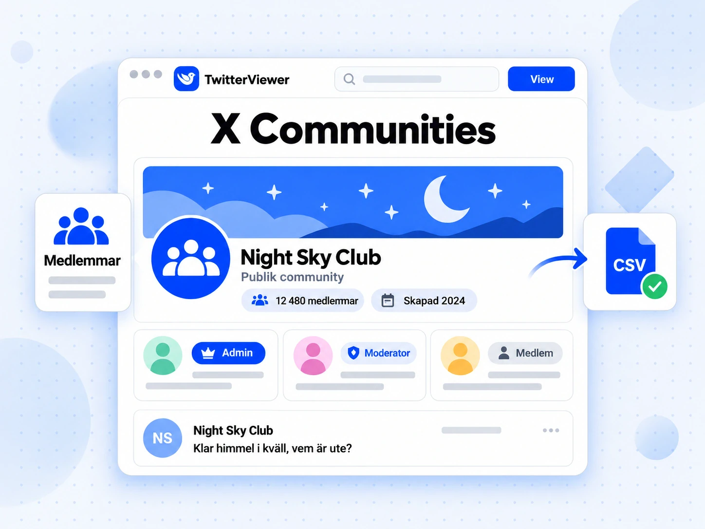 X Communities visar Night Sky Club med rollerna Admin, Moderator och Medlem samt en CSV-exportfil