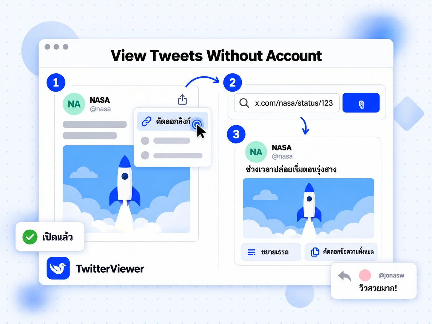คู่มือ 3 ขั้นตอนชื่อ View Tweets Without Account: คัดลอกลิงก์ วางใน TwitterViewer แล้วอ่านโพสต์