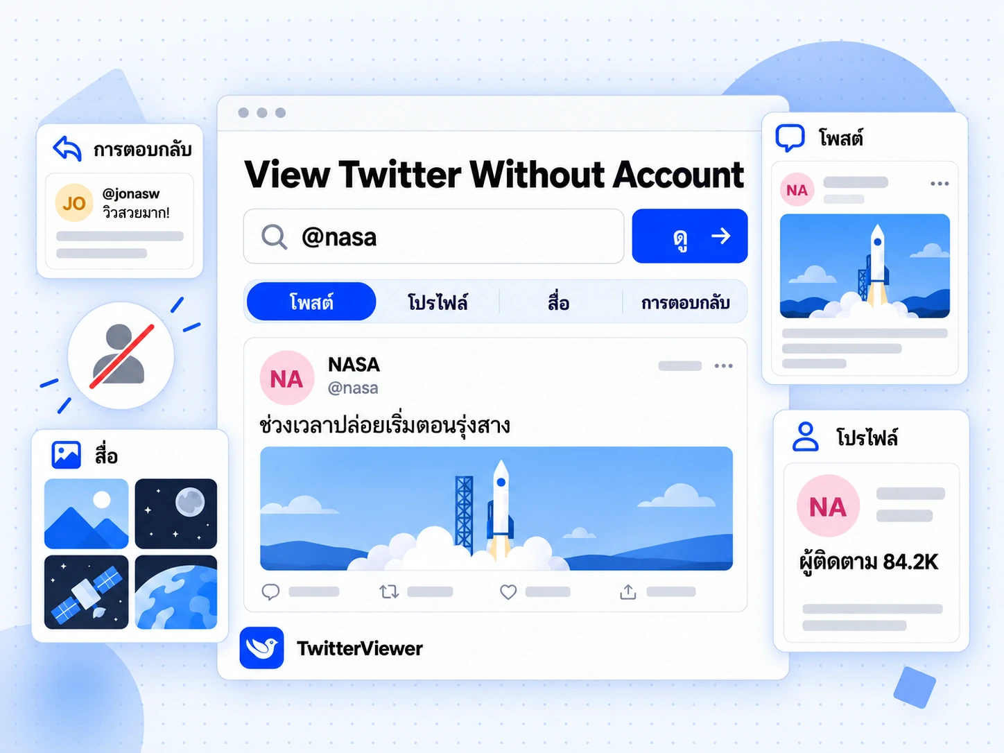 หน้าหลัก TwitterViewer ชื่อ View Twitter Without Account พร้อมช่องค้นหา @nasa แท็บ 4 แท็บ และผลลัพธ์โพสต์ NASA