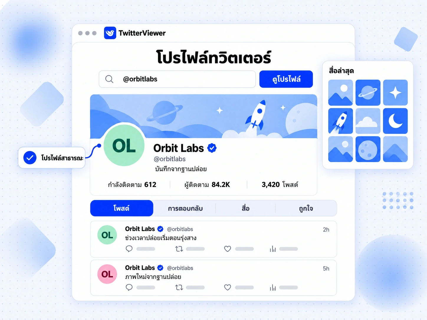 ผลการดูโปรไฟล์ทวิตเตอร์ แสดงส่วนหัวบัญชีสาธารณะ จำนวนผู้ติดตาม แท็บ และสื่อล่าสุด