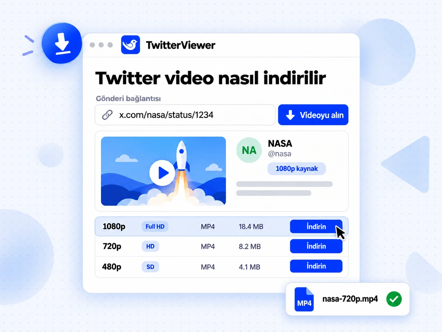 Twitter video nasıl indirilir: TwitterViewer'da bağlantıyı yapıştırın, Videoyu getir'e basın, 1080p/720p/480p MP4 seçin